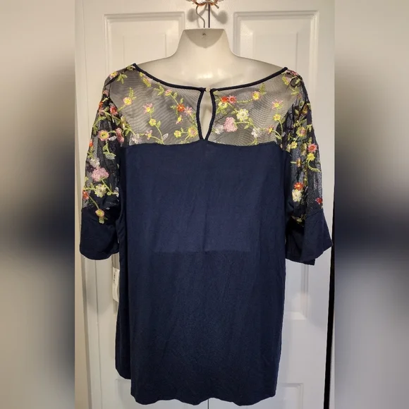 NY Collection Navy Blue Mesh Floral Embroidered Top with 3/4 Ruffle Sleeves 2X - Picture 2 of 9